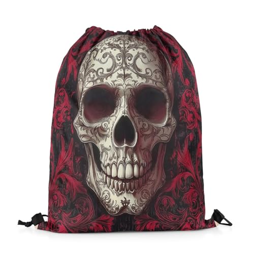 Image of jejeloiu Skull Skeleton Drawstring Backpack 13x15.7inch Goth Art Waterproof Gym Drawstring Bags Damask Print Sports String Backpack Beach Swim Travel Bag Sackpack