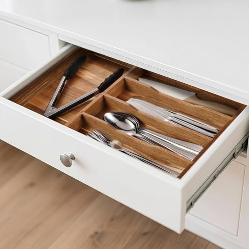 BIEOFFEI Acacia Wood Silverware Drawer Organizer, 12 Inch Adjustable Cutlery Tray for Kitchen Utensils, Silverware Flatware Storage Box with 5 Detachable Dividers (6-Compartment) - Thumbnail 4