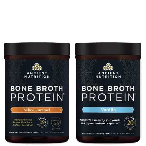 Ancient Nutrition Beef Bone Broth Protein Powder, Salted Caramel, 20 Servings + Bone Broth Protein Powder, Vanilla, 20 Servings