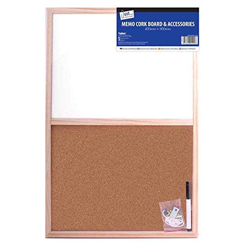 Wood Frame Split Cork/Dry Wipe & Cork Board and Dry Wipe Board, Whiteboard Coloured Markers Bulletin Memo Decor, Home, Office, Push pins and Hanging Hooks (Split Cork/Dry Wipe Board, 400mm x 600mm)