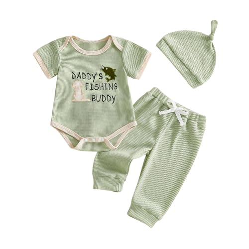 Image of Scloutarry Daddys Little Buddy Baby Boy Outfit Letter Fish Print Long Sleeve Romper Camouflage Pants and Hat Fall Outfit