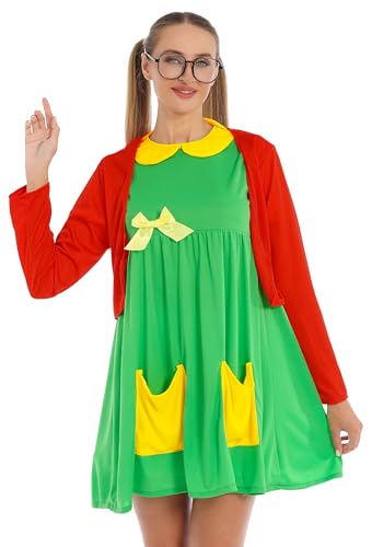 Womens Halloween Costume Green Dress Red Knit Cardigan Shorts Accessories (S)