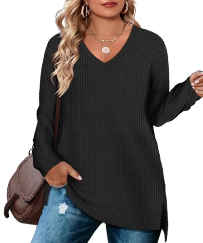 Image of RITERA Plus Size Women Sweaters Waffle Knit Pullover Top Long Sleeve Casual Crewneck Shirt Loose Split Hem Fall Winter Blouse