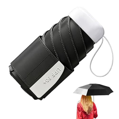 Paraguas pequeño, resistente a la lluvia, a prueba de sol, protección UV UPF 50+ | Mini paraguas de bolsillo, para niños, adultos, mochila, bolso, verano, playa, al aire libre, uso diario, Negro