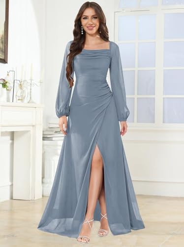 Long Sleeves Bridesmaid Dresses for Women Square Neck Ruched Chiffon Formal Evening Dresses with Slit3