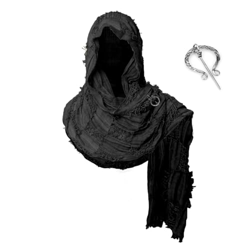 Medieval Scarf Cowl Men with Brooch, Post Apocalyptic Shawl, Viking Cowl Hood Cloak, Renaissance Rogue Hooded Shaw, for Halloween Cosplay (Black)