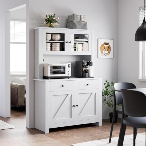 Image of IDEALHOUSE Modern Kitchen Pantry Cabinet, Microwave Storage Stand, Engineered Wood Food Organizer Cabinet with Multi Compartments, for Home Kitchen Dining Area, White Wood Grain