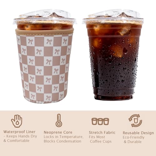 Image of Reusable Insulated Sleeve for Iced Coffee Cup, Coffee Neoprene Sleeve for Cold & Hot Drinks, Beverage Holder for Iced Coffee (Caramel Checkered Bows, Small: 16-18oz)