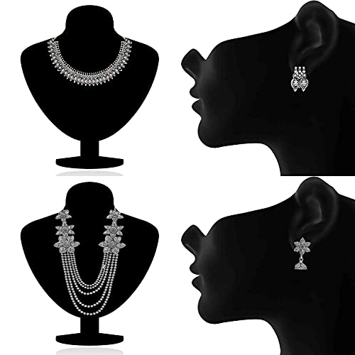 Image of Om Jewells Oxidised Silver Plating Alloy and Floral Multistrand Necklace Set And Temple Choker Necklace Set for Women & Girls (Silver)