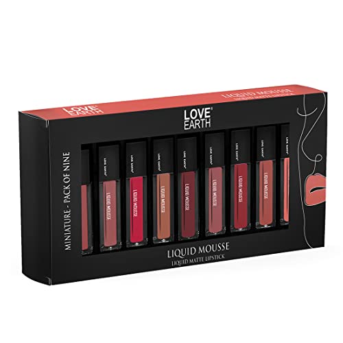 Love Earth Liquid Mousse Lipstick Matte Finish Combo Kit | Lightweight, Non-Sticky, Non-Drying,Transferproof, Waterproof Lipstick Set | Lasts Up to 12 hours with Vitamin E and Jojoba Oil | Multicolor Mini Liquid Lipstick - (2ml X 9) 18ml