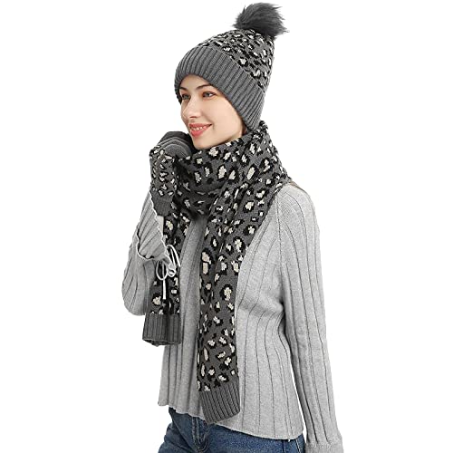 Winter 3 in 1 Scarf Hat Glove Set for Women Beanie Hat Long Scarf Touch Screen Gloves Leopard Knitted with Pom Pom2