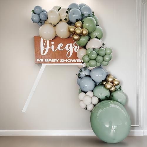Image of Dusty Sage Green Blue Balloons, Muted Slate Blue Green Gold Balloon, 12 Inch Olive Green Cream White and Gold Balloon for Woodland One Silly Goose Lucky Birthday Decor Baby Bridal Shower Decorations