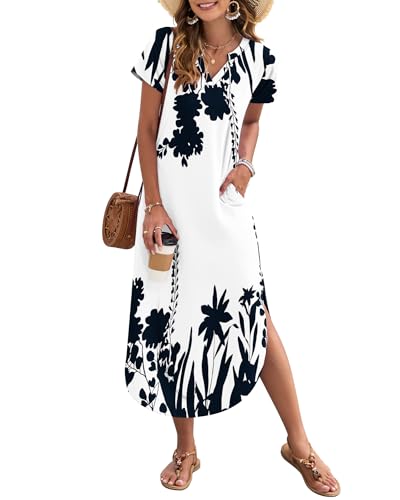 Image of MISFAY Women's Summer Maxi Dress 2026 Casual Short Sleeves V Neck Loose Sundress Split Long Beach T Shirt Dress