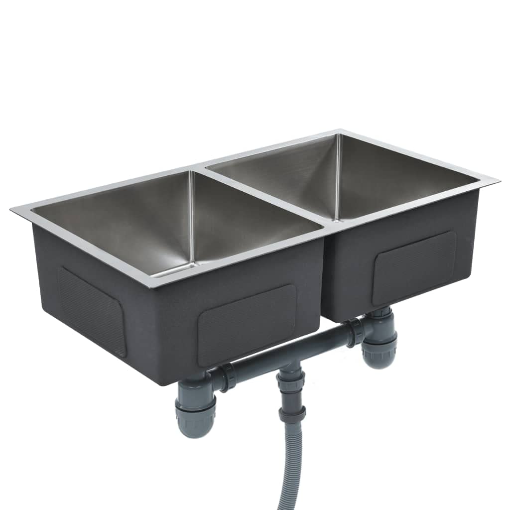 vidaXL Fregadero Cocina Hecho a Mano Doble Seno Grado Alimentario Diseño de 2 Seno Extraprofundo Flujo Rápido Acero Inoxidable