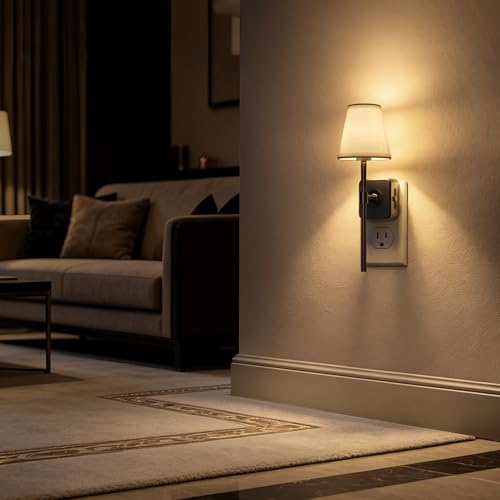 Image of Briignite LED Night Lights Plug into Wall, Vintage Linen Fabric Lamp Cover Decorative Night Light, Dusk to Dawn Sensor, 0-100LM Dimmable Nightlight for Bedroom Living Room Hallway