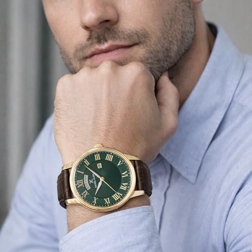 Image of Daniel Klein Analog Green Round Dial Gold Case Brown Leather Strap Day Date with Roman Accents Water-Resistant Wrist Watch for Men Boys DK.1.13819-4