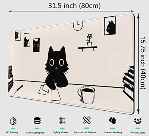Tapete de mesa de anime bege branco estético tapete de mouse bonito kawaii minimalista preto desenho