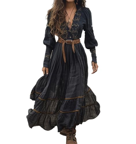Women's Vintage Western Maxi Dress Fall Casual Loose Long Sleeve V Neck Country Flowy Dress Flower Long Dress