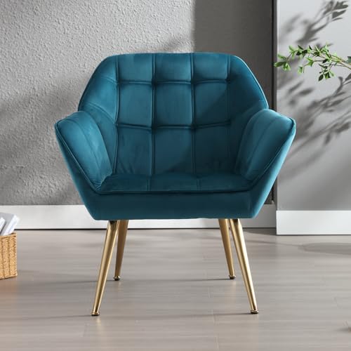 chairus Fauteuil Scandinave de Salon avec Pieds en Métal Modern Chaise de Chambre Capitonné en Velours (Bleu-1)
