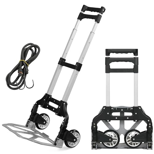 Yaheetech Carretilla Plegable de Mano con Ruedas Portátil de Aluminio MAX 75 Kg con Cuerda Carrito de Transporte en Viajes, Oficina y Hogar
