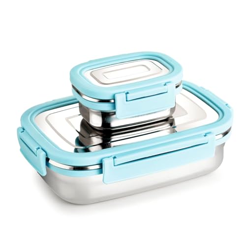 Image of BLLUEX Stainless Steel Tiffin Lunch Box Container with 4 Side Clip Lock Lid for Office & School Use /Food Grade /Air Tight /Easy to Carry /Leak Proof(750ml 1pc + 250ml 1 Pc) Blue