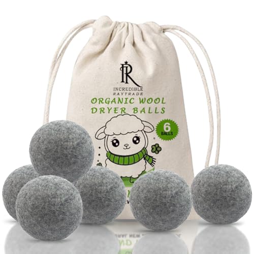 RAYTRADE Wool Dryer Balls 6-Pack 100% Made of Organic New Zealand Wool Reduces Clothing Wrinkles and Saves Drying Time Reusable Natural Fabric Softener Stocking Stuffer Gifts (Gray)