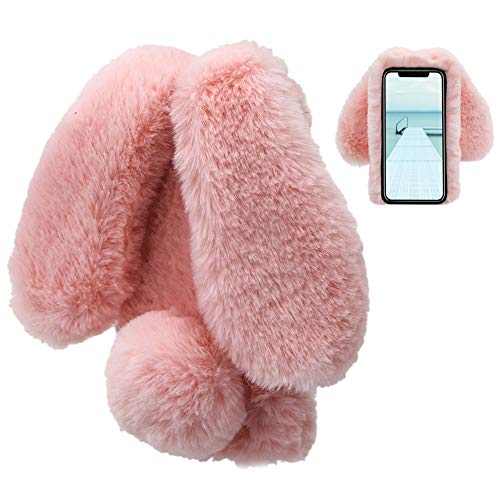 LCHDA Rabbit Funda para iPhone XR,Conejo Piel Conejito Oído Caso para Muchachas Linda Invierno Cálido Suave Peludo Bola Mullida Piel Pelo Felpa Protectora TPU Bumper Funda para iPhone XR-Rosado