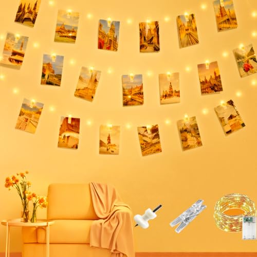 CNMTCCO Cadena de luces LED de 5M con 50 luces, funciona con pilas, pinzas fotográficas con 30 clips, cadena de luces con pinzas para ropa, decoración de pared para fiestas, sala de estar, dormitorio