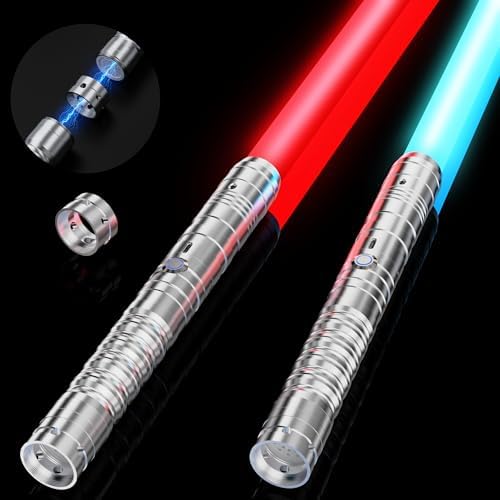Lichtschwert Kinder & Erwachsene, USB-C Ladefunktion, RGB 15 Farben, 2-in-1 Duell Lightsaber mit 4 Modi, Metallgriff & robustem Schwert, Laserschwert Set 2 Stück (Silber 2pc)
