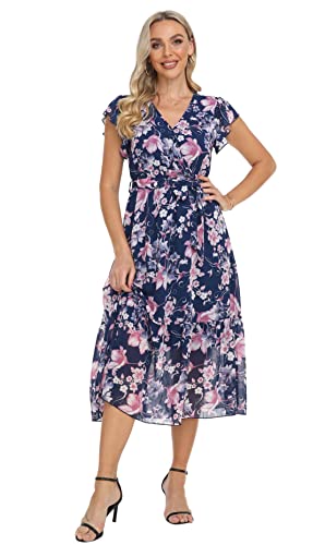 Image of VintageClothing Womens Sundress Casual Floral Summer Boho Dress | Flowy Wrap V Neck Ruffle A-Line Pleated Hem Midi Dresses