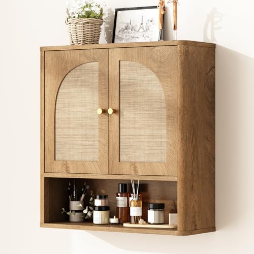 Armario de baño mural RUSTOWN de ratán con 2 puertas arqueadas y estante ajustable | Armarios de almacenamiento sobre inodoro, armario de medicamentos moderno con bordes redondeados, organización para baño estilo mid-century miniatura 1