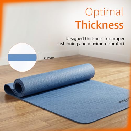 Image of Amazon Basics TPE Yoga & Exercise Mat | 6 mm Thick | Non-Slip Grippy Surface | Lightweight & Durable Rubber-Like Material | Floor Protection | Ideal for Yoga, Pilates, Stretching & Fitness | 180 x 61 cm | Dark Blue