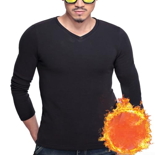 Besttoolifes Sous-vêtement d'hiver thermique doublé en polaire thermique à manches longues et col en V pour homme, t-shirt chaud et coupe ajustée, couleur unie, couche de base pour l'automne, le