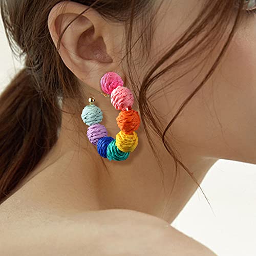 Fasacco Clip On Raffia Earrings Colorful Clip Hoop Earrings Beach Summer Clip On Earrings Cute Boho Rattan Earrings #TOP3