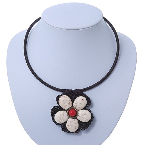 Collier ras du cou céramique blanche fleur ajustable pendentif verre