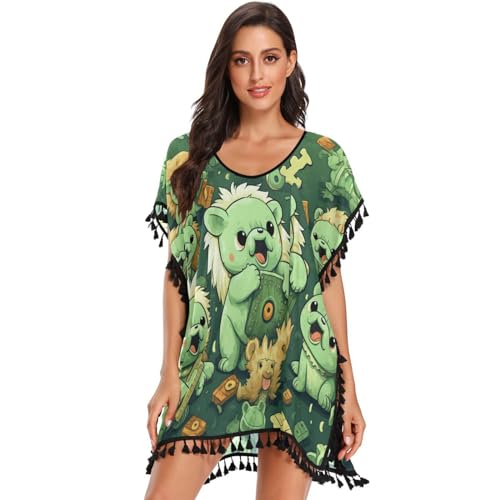 KAAVIYO Green Pattern Lions Women's Beach Cover Up Chiffon Tassel Swimwear Swimsuit Coverups for Girl