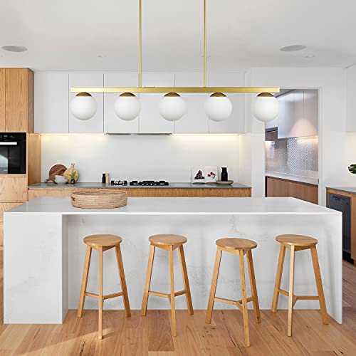 Linea Di Liara Caserti Globe Linear Pendant - Satin Brass Mid Century Modern Farmhouse Chandelier - 45 Inch 5 Light Rectangle Dining Room Fixture W/ Frosted Glass Shades #TOP2