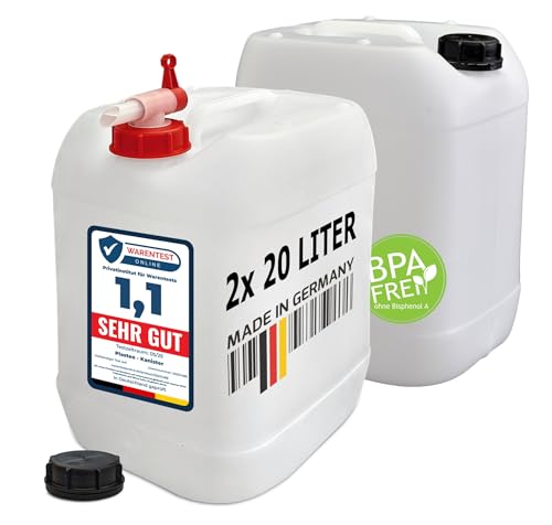 plasteo® 2X 20L Trinkwasserkanister Natur mit Schraubdeckel & Hahn | BPA-frei, lebensmittelecht, tragbar | Camping, Kfz, Outdoor | Made in Germany