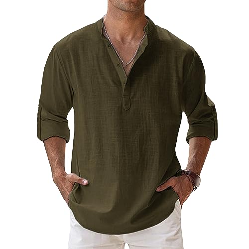 Maiyifu-GJ Men's Linen Cotton Henley Shirt Casual Roll-Up Long Sleeve Basic Shirt Band Collar Plain Blouse Tee