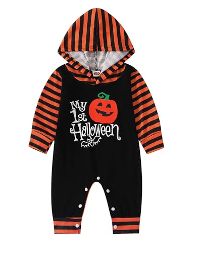 Baby Boys Halloween Romper My first Halloween Bodysuit Newborn Baby Girl Outfits (Orange stripes, 6-12 Months)