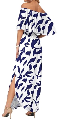 Image of AUSELILY Womens Off Shoulder Ruffle Split Summer Maxi Dresses with Pockets | Off-shoulder Ruffle dress with empire waist & side split for summer beach and casual parties