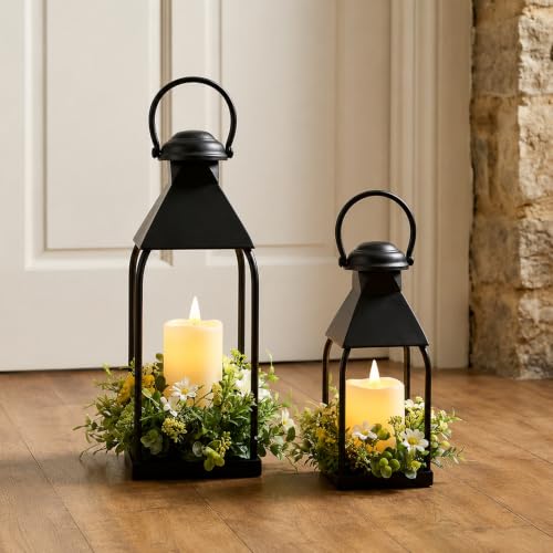Decorative Metal Lanterns Indoor Outdoor, Set of 2 Outdoor Candle Holder