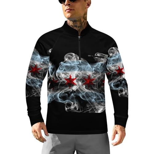 Chicago City Smoke Flag Men's Rash Guard Long Sleeves Quick Dry Fishing Workout Shirts with Zipper