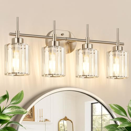 Image of Modern Crystal Vanity Light Fixtures, 4-Light Brushed Nickel Bathroom Vanity Lighting Over Mirror, Bathroom Light Fixture with K9 Clear Crystal Shades for Bedroom, Living Room, Hallway