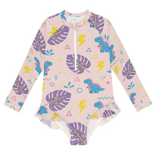 Dinosaur Leaves Triangle Girls Rash Guard Swimsuits Long Sleeve One Pieces Bathing Suit UPF 50+ Zipper Swimwear