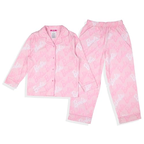 INTIMO Barbie Pajama Girls' Barbie Logo Button Front Long Sleeve Shirt and Pant 2 Piece Set Sleepwear2