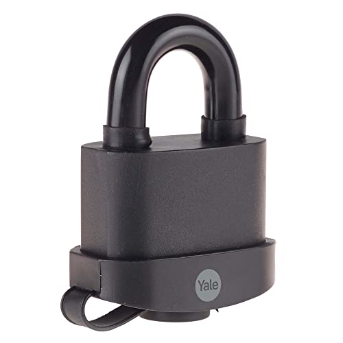 Image of YALE Y220B /61 /123 /1 - Black Weatherproof Padlock with Protective Cover (61mm) - Outdoor Hardened Steel Shackle Lock for Shed, Gate, Chain - 3 Keys - HIGH Security