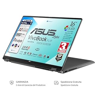 ASUS Vivobook 16 FLIP, Intel® Core™ Ultra 7 258V, Intel Arc Pro, Display OLED Touchscreen 16" WUXGA FHD+, DDR5 32Gb, SSD 1Tb, Win 11, Wi-Fi 7, bt 5.4, tastiera retroilluminata, Pen, Gar 3 Anni