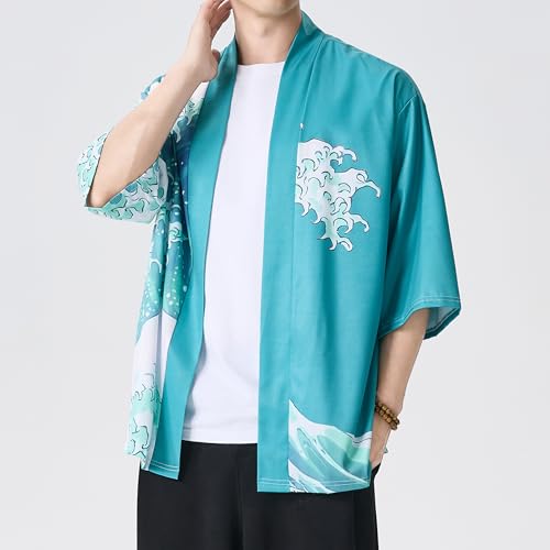Image of Men's Japanese Kimono Robe Jacket Lightweight 3 /4 Sleeve Open Front Yukata | Silky Smooth Fashion Print Happi Coat Lightweight Breathable Loose Unisex Haori Casual Summer Cardigan Daily Beach Vacation