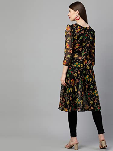 Image of GoSriKi Women's Chiffon Angrakha Kurta (KT-COT-10157-BLACK-GO)